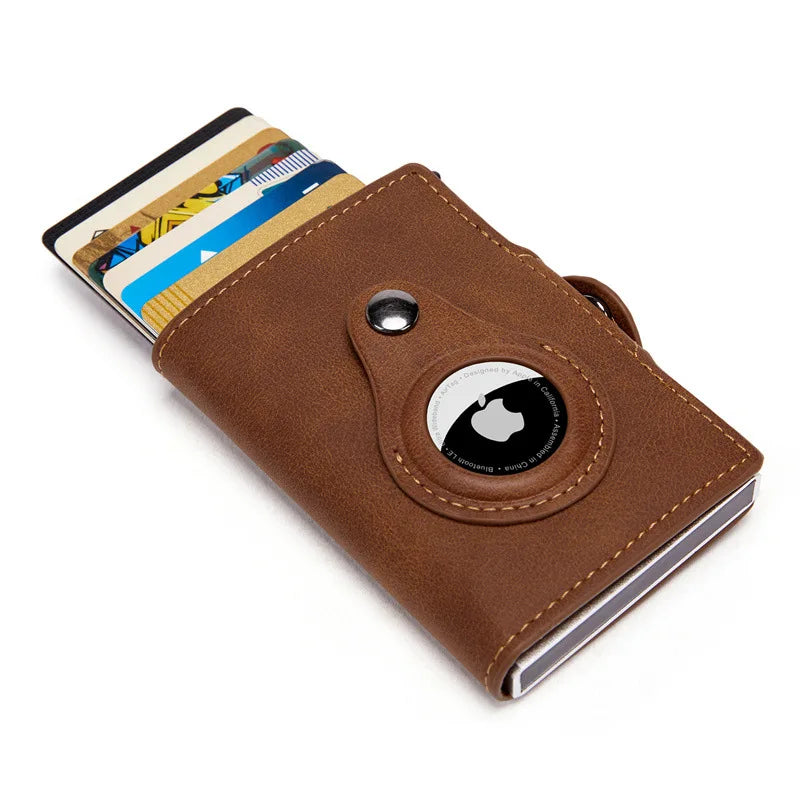 Airtag Men'S Wallet New Metal Aluminum Box Case Rfid Anti-Theft Swipe Credit Card Holder Genuine Leather Short Zipper Coin Purse