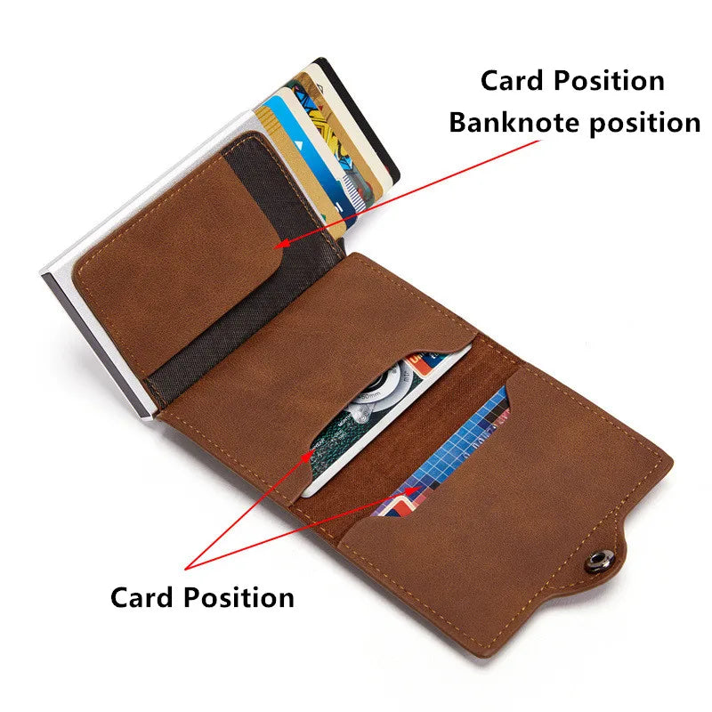 Airtag Men'S Wallet New Metal Aluminum Box Case Rfid Anti-Theft Swipe Credit Card Holder Genuine Leather Short Zipper Coin Purse