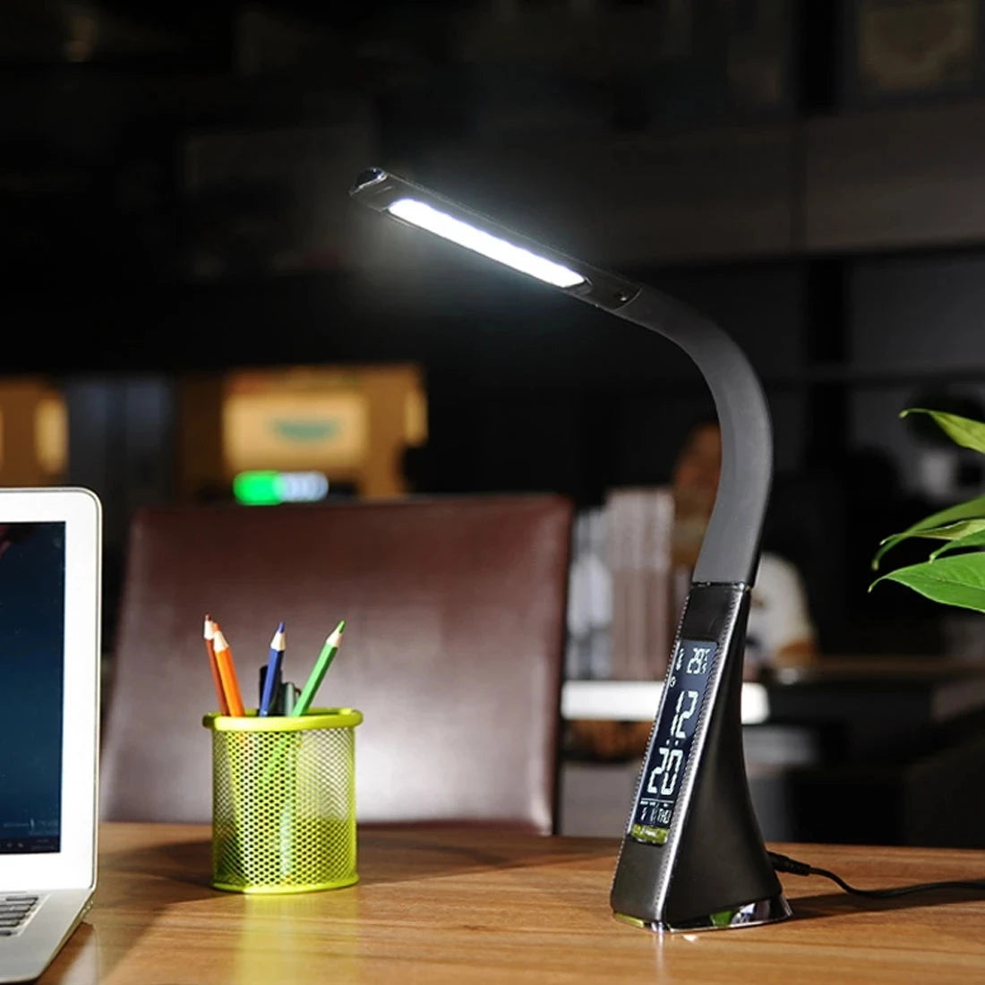 LED Desk Lamp USB Table Lamp with Calendar Temperature Alarm Clock Display, 3 Modes Lighting Adjustment, USB Reading Light