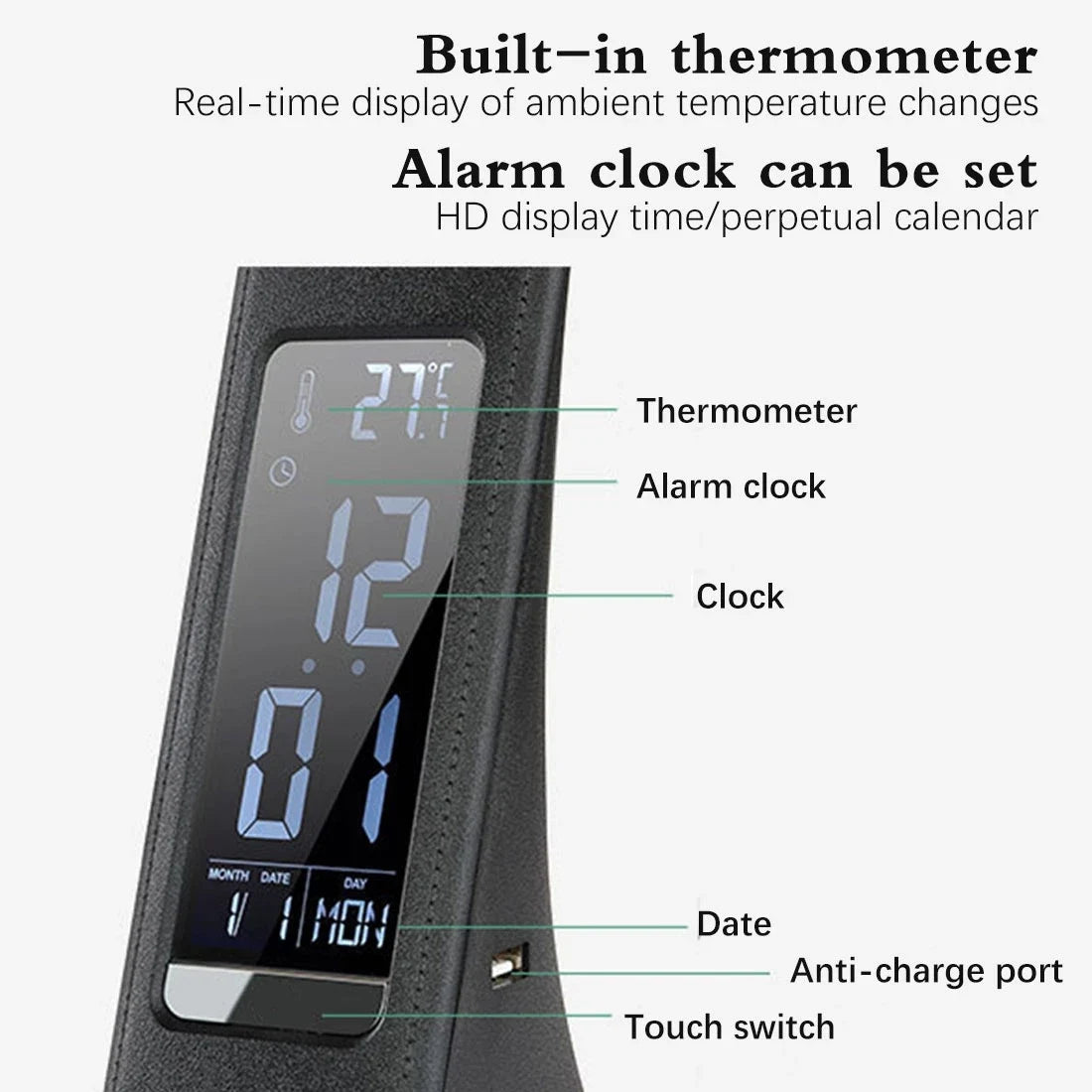 LED Desk Lamp USB Table Lamp with Calendar Temperature Alarm Clock Display, 3 Modes Lighting Adjustment, USB Reading Light